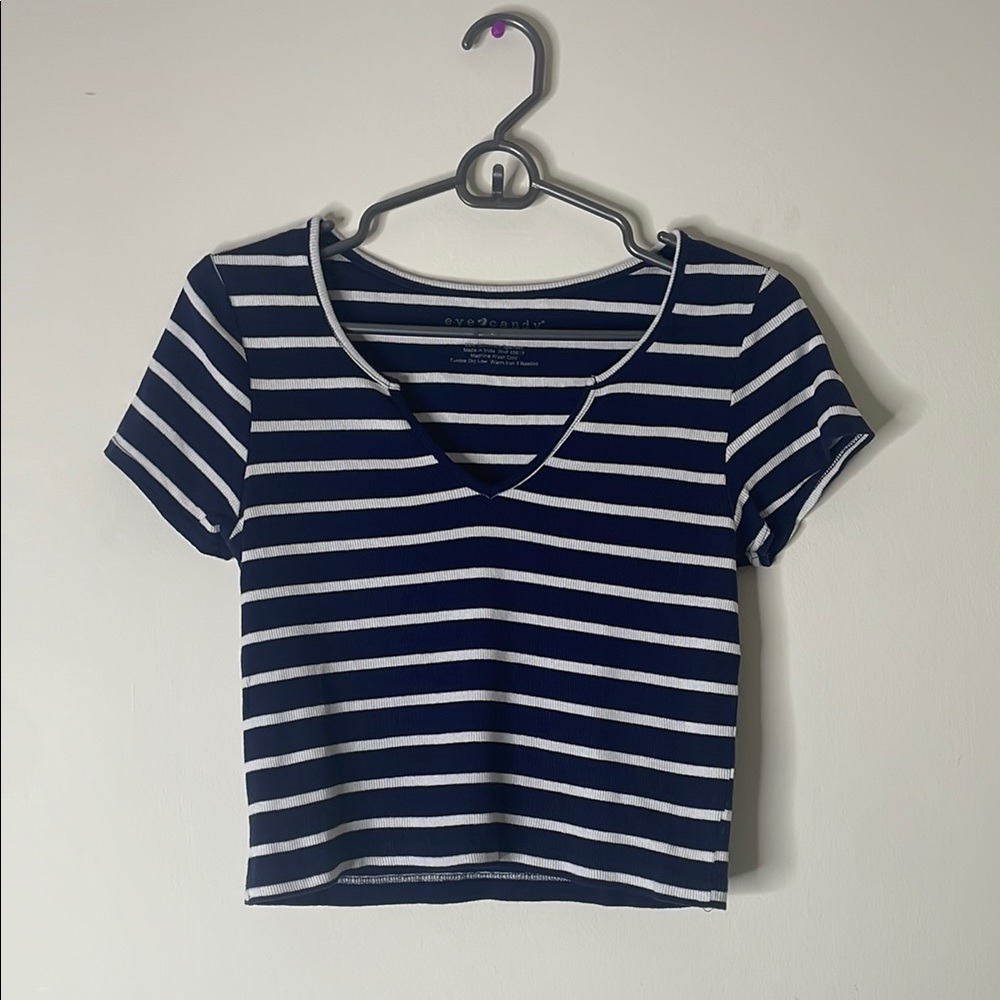 Eye Candy Blue and White Fitted Crop T-Shirt